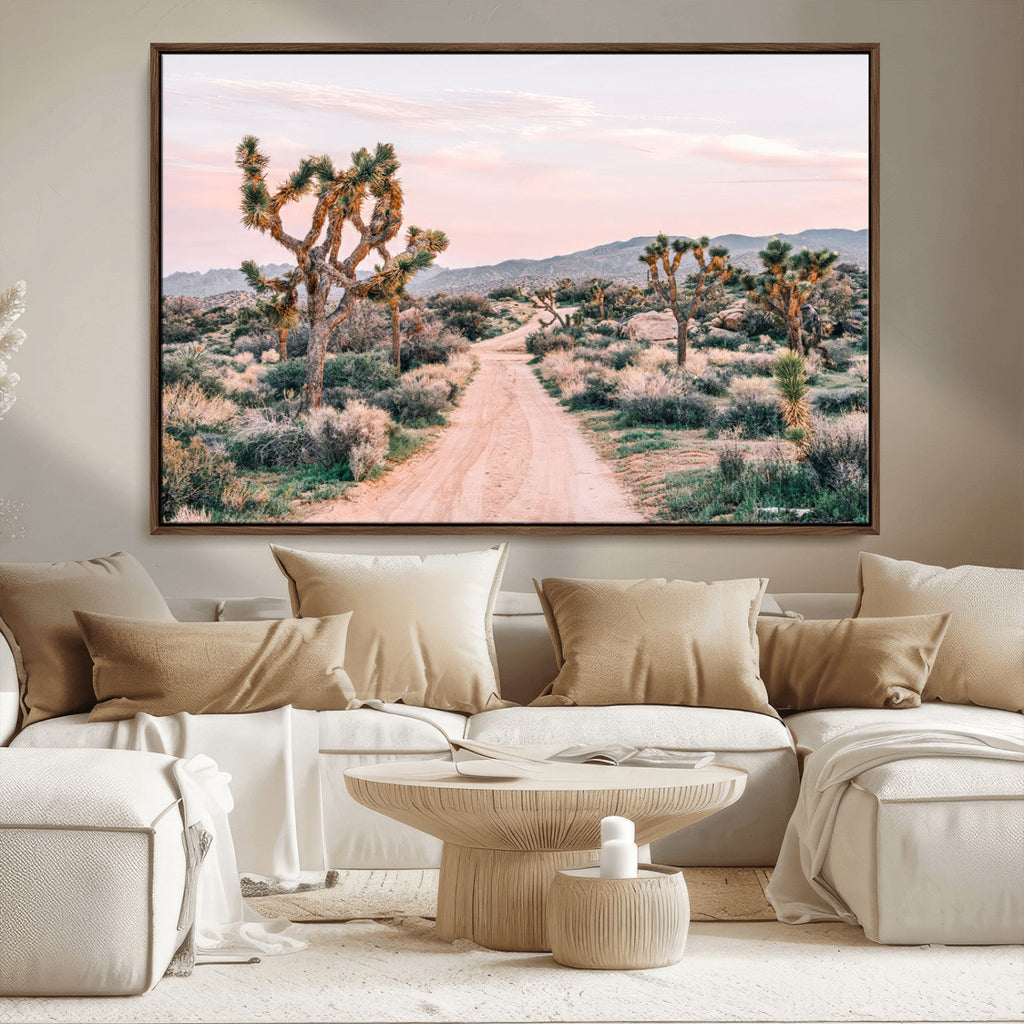 Joshua Tree Wall Art Canvas Print, Framed Desert Road Scene at Sunset