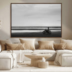 Motorcycle Beach Wall Art Canvas Print, Framed Vintage Motorcycle and Biker Silhouette