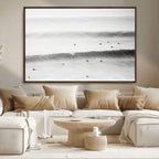 Black White Ocean Wall Art Canvas Print, Framed Coastal Sport and Ocean Swimmers Scene