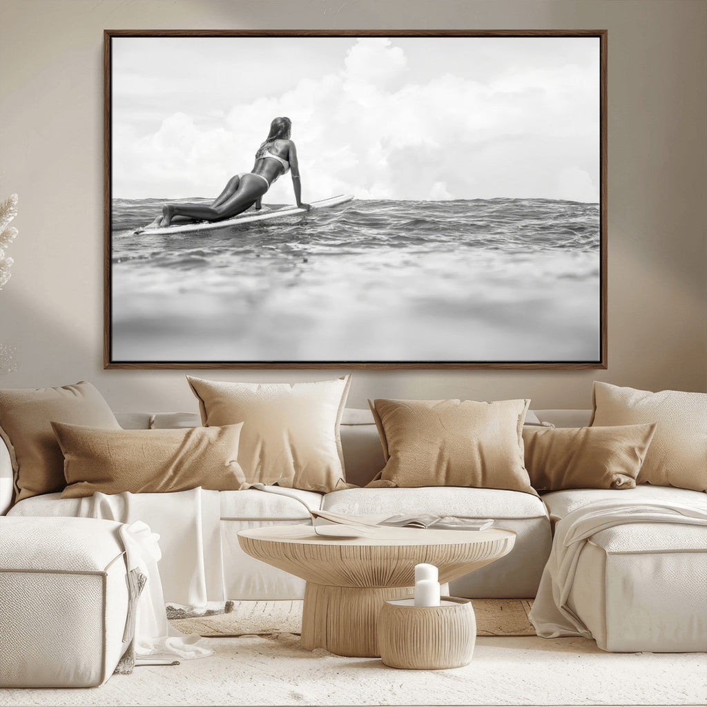 Black and White Surfing Wall Art Canvas Print, Framed Ocean Horizon Surfer Girl