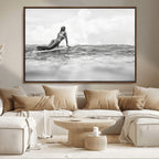 Black and White Surfing Wall Art Canvas Print, Framed Ocean Horizon Surfer Girl