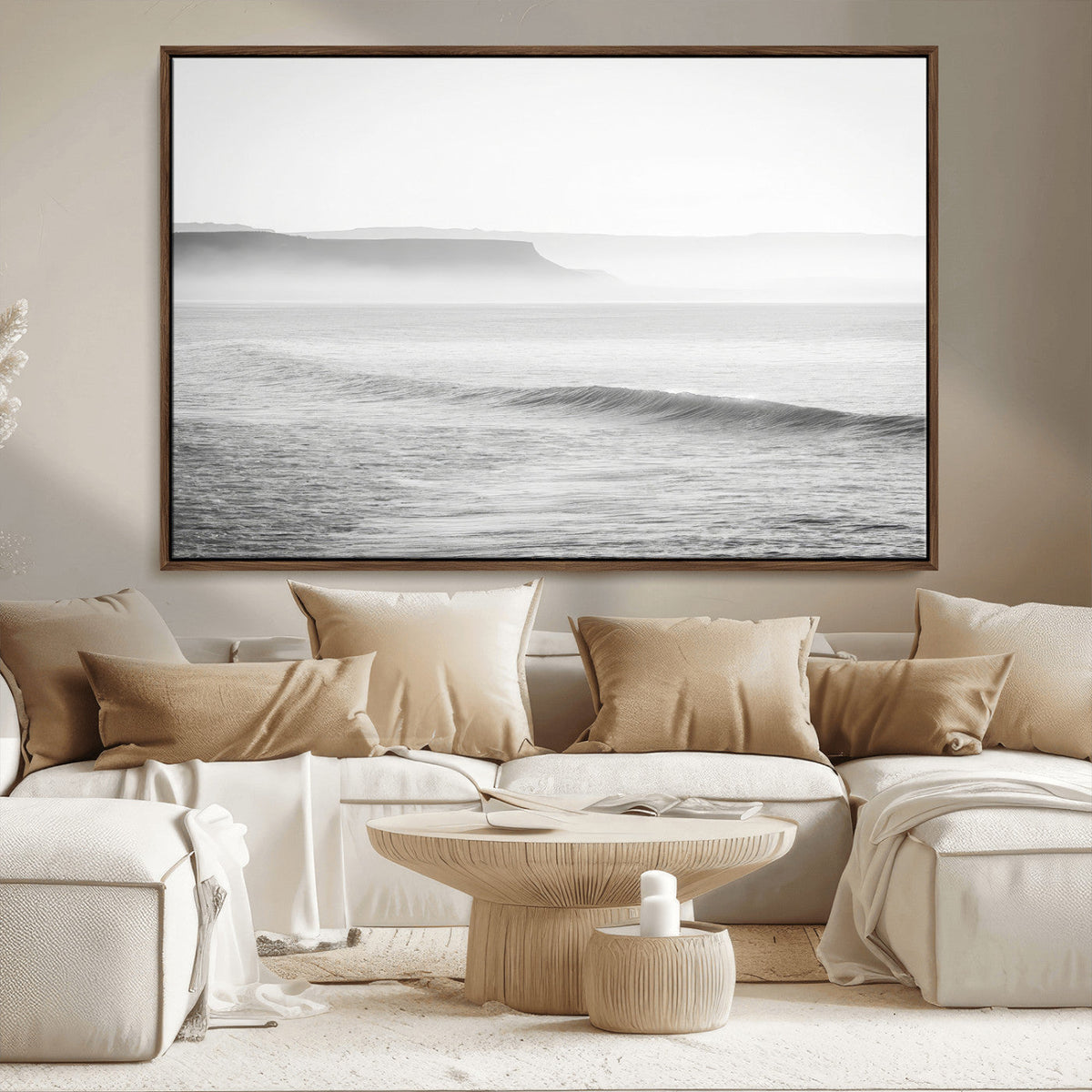Black and White Seascape Wall Art Canvas Print, Framed Misty Ocean Waves