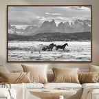 Wild Horses Wall Art | Framed Black White Mountain Canvas