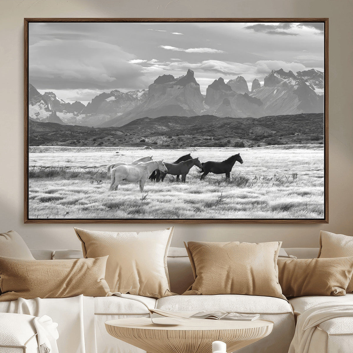 Wild Horses Wall Art | Framed Black White Mountain Canvas