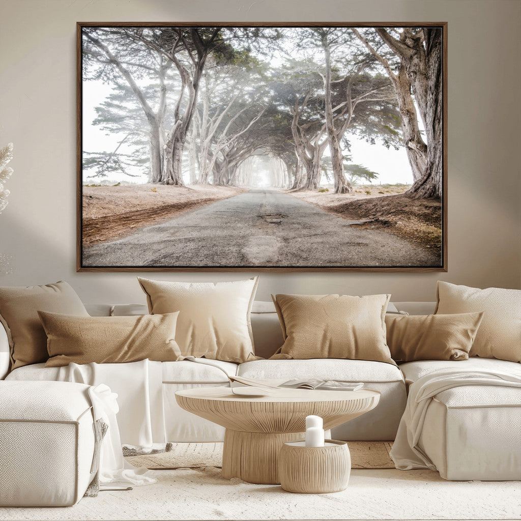 Cypress Tunnel Wall Art | Framed Misty Road Canvas Artwork
