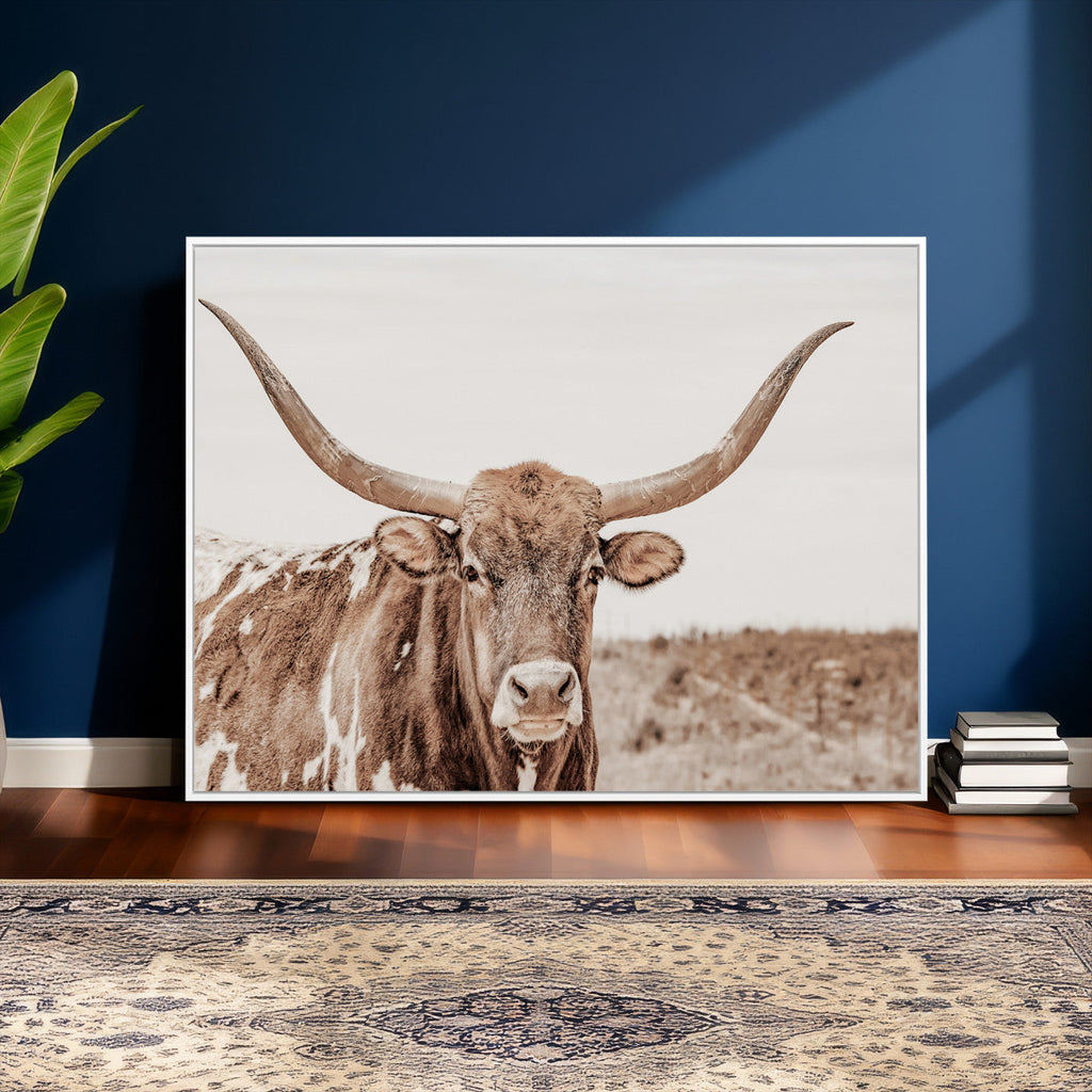 Longhorn Cow Wall Art Canvas Print, Framed Texas Ranch Print, Western Bull Art, Cowboy Decor