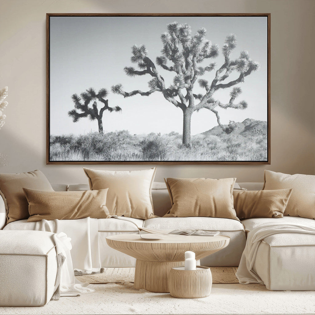 Joshua Tree Wall Art Canvas Print, Framed Black and White Desert Landscape Artwork