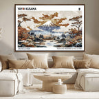 Modern Japanese Wall Art Canvas Print, Framed Abstract Mount Fuji Landscape, Yayoi Kusama Canvas Wall Art