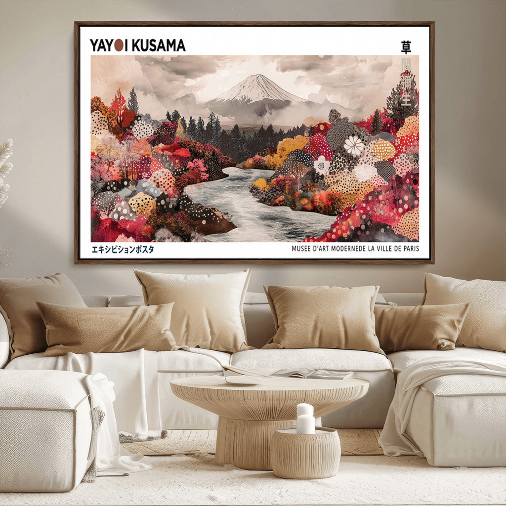 Modern Japanese Wall Art Canvas Print, Framed Abstract Mount Fuji Art, Yayoi Kusama Japanese Landscape