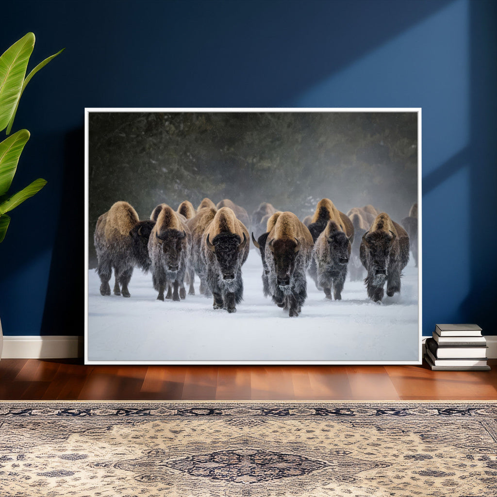 Bison Herd Wall Art Canvas Print, Framed Rustic Wildlife Decor, Snowy Bison Landscape