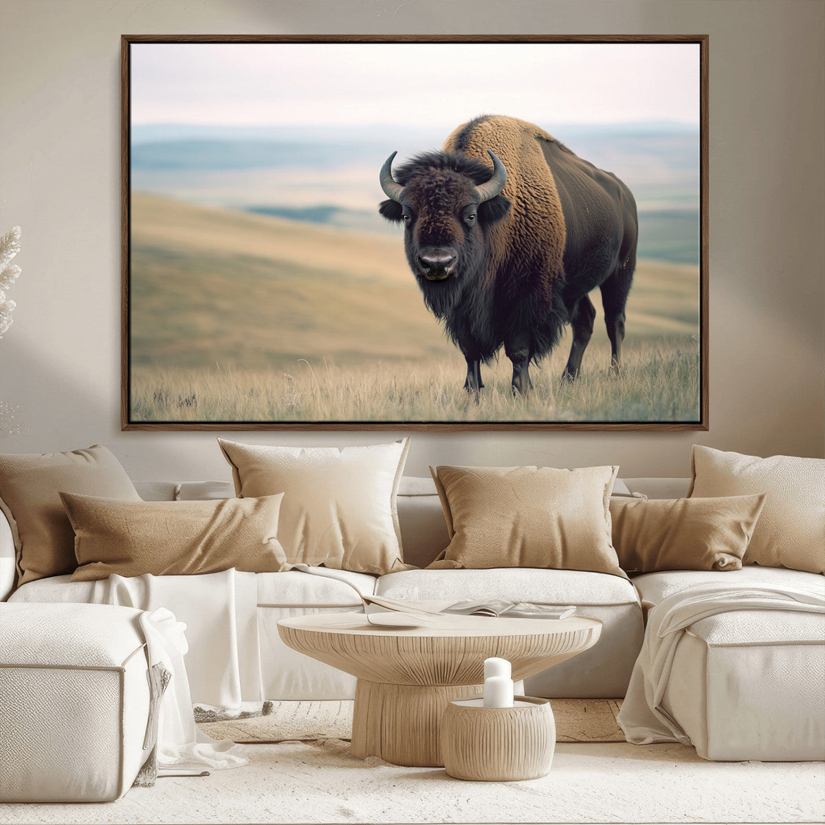 Bison Wall Art Canvas Print, Framed American Buffalo Rustic Western Artwork