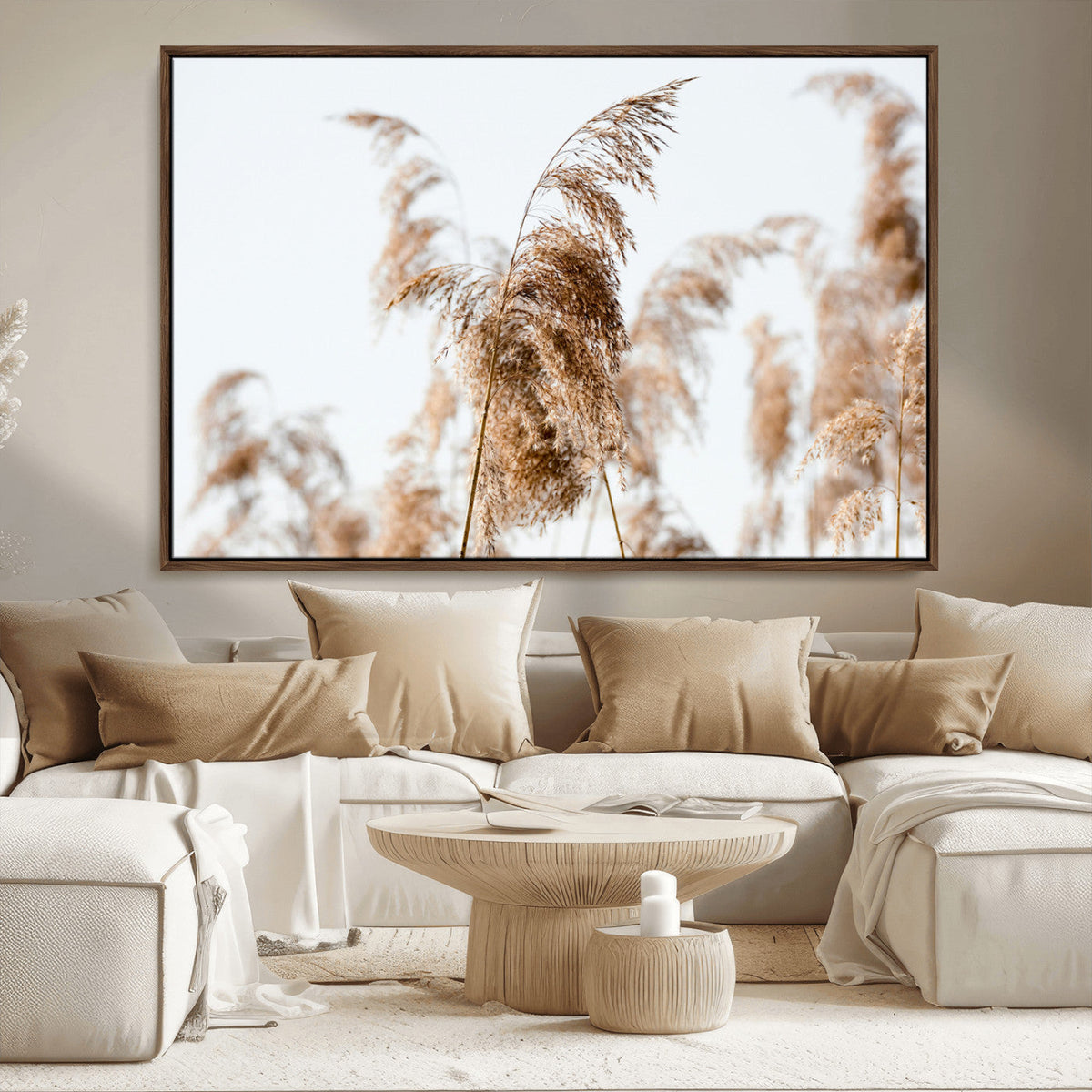 Pampas Grass Wall Art Canvas Print, Framed Neutral Tones Minimalist Boho