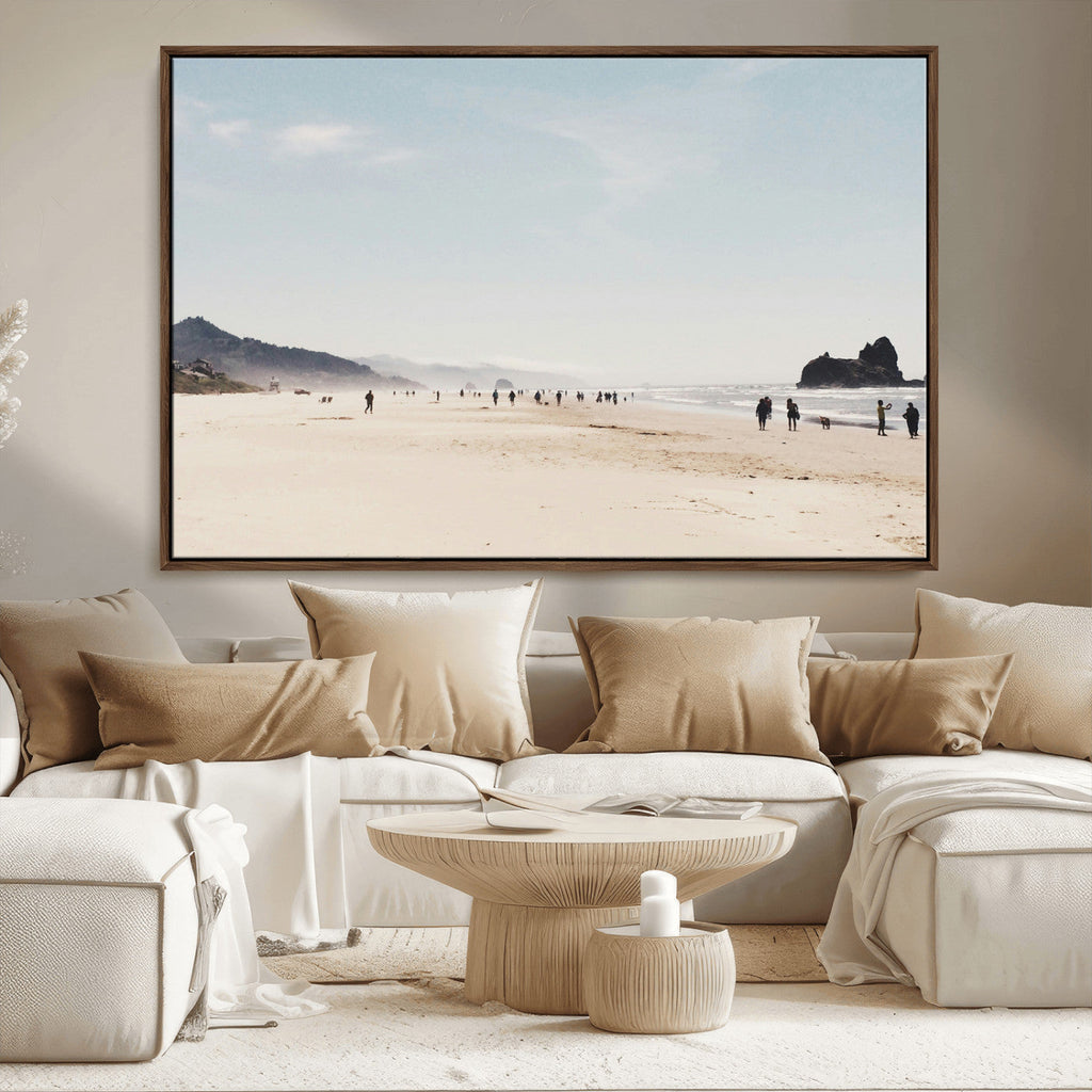 Minimalist Beach Wall Art Canvas Print, Framed Coastal Serenity Soft Sand