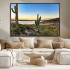 Saguaro Cactus Wall Art Canvas Print, Framed Desert Sunset Southwestern