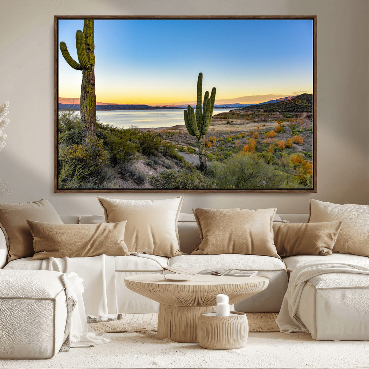 Saguaro Cactus Wall Art Canvas Print, Framed Desert Sunset Southwestern