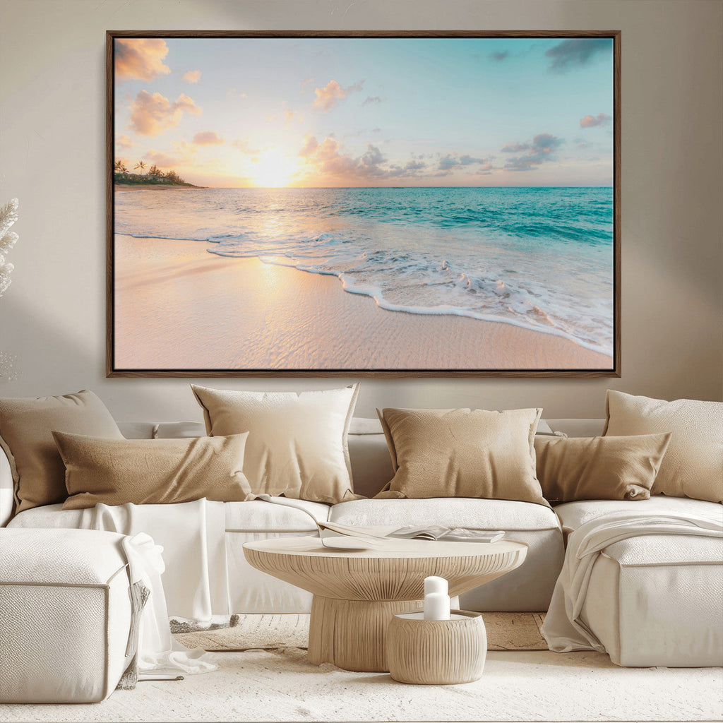 Beach Sunset Wall Art Canvas Print, Framed Ocean Waves Summer Escape