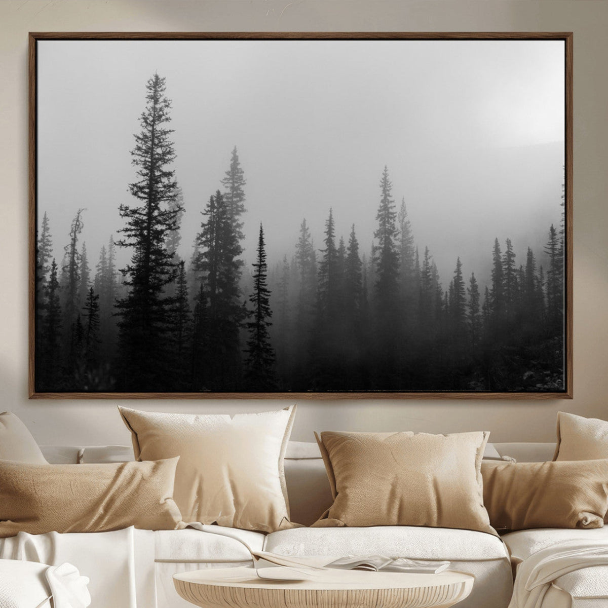 Misty Pines Wall Art Canvas Print, Framed Woodland Minimalist Black and White