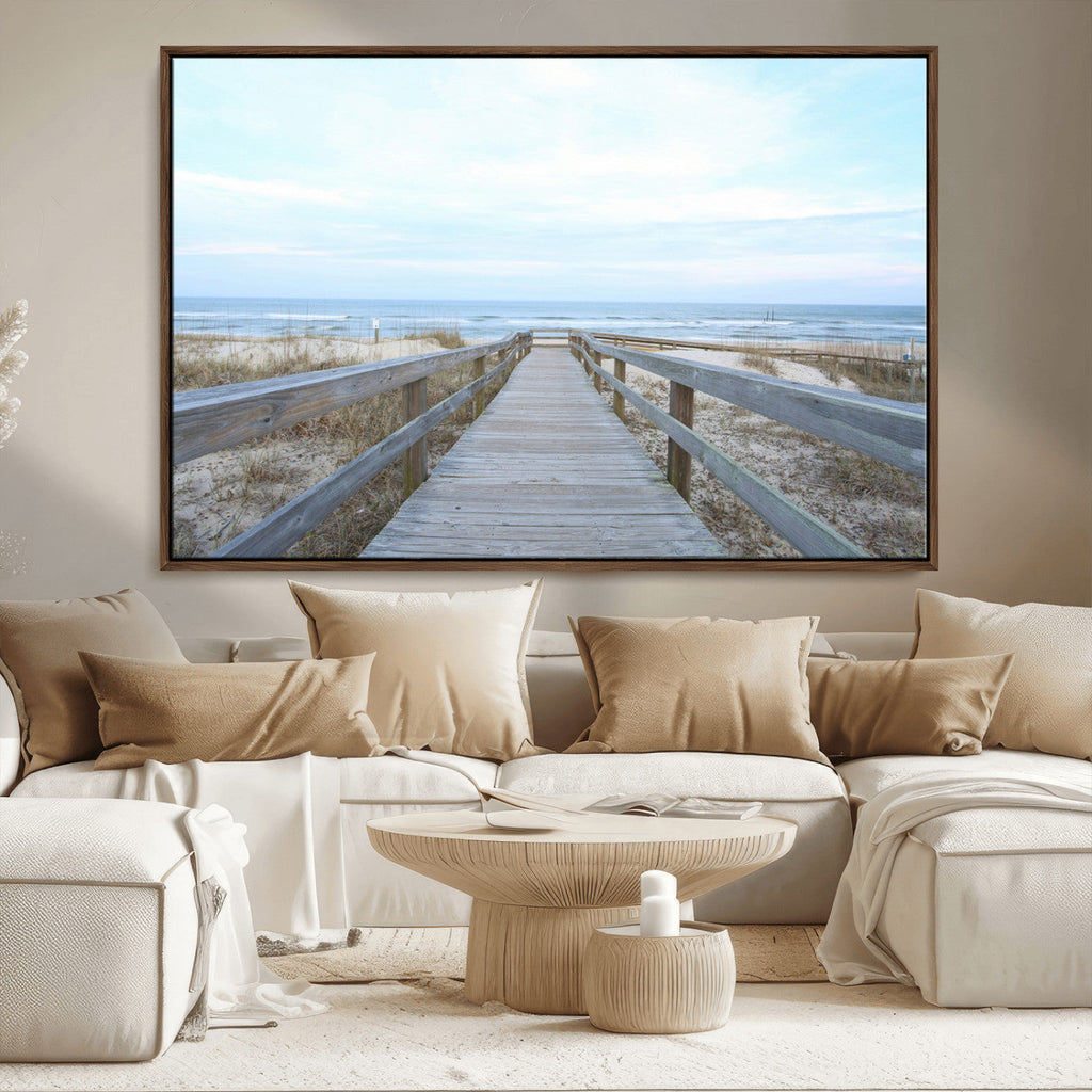 Beach Boardwalk Wall Art Canvas Print, Framed Coastal Serenity Ocean View