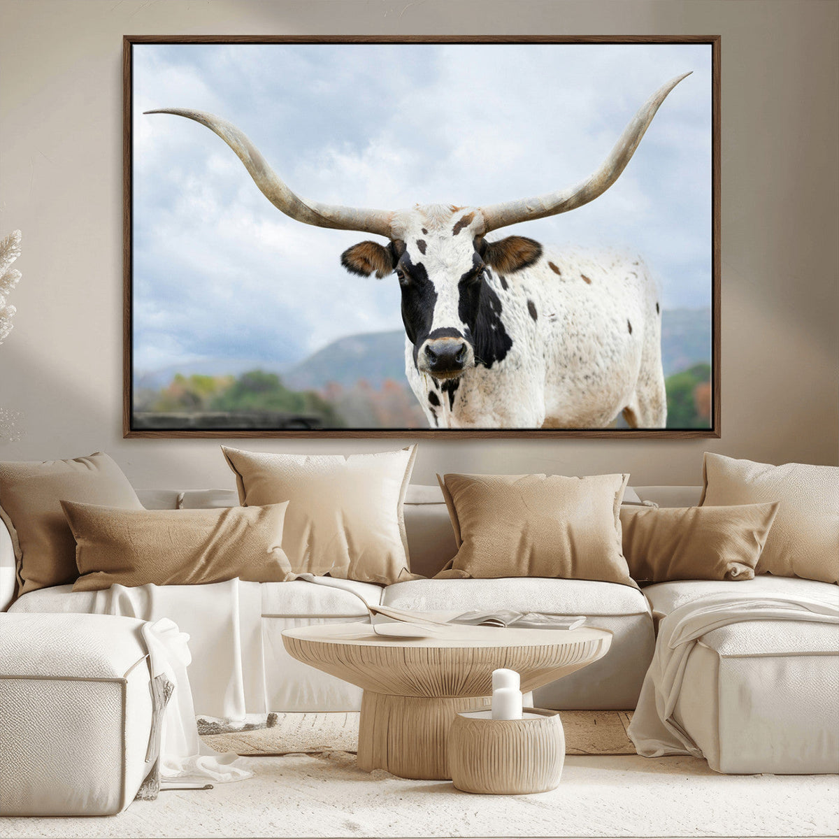 Texas Longhorn Wall Art Canvas Print, Framed Western Rustic Farmhouse