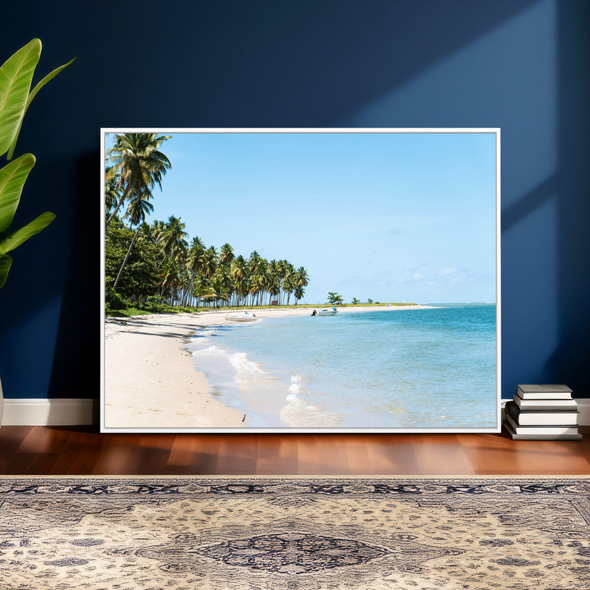 Palm Tree Coast Wall Art Canvas Print, Framed Island Getaway with Crystal Blue Water