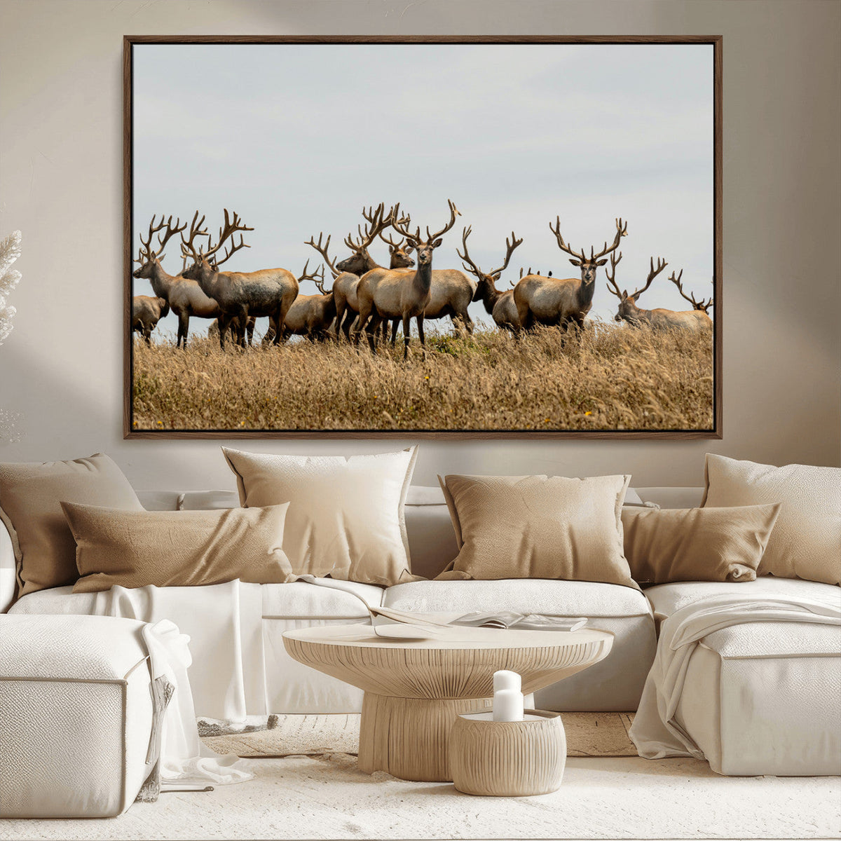 Elk Herd Wall Art Canvas Print, Framed Wildlife Photography Art, Majestic Antlers Rustic Wildlife Decor