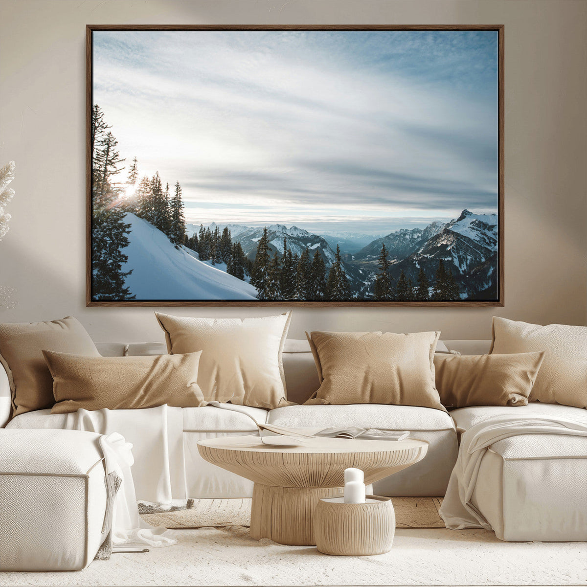 Snowy Mountains Wall Art Canvas Print, Framed Alpine Landscape Frosty Peaks Artwork