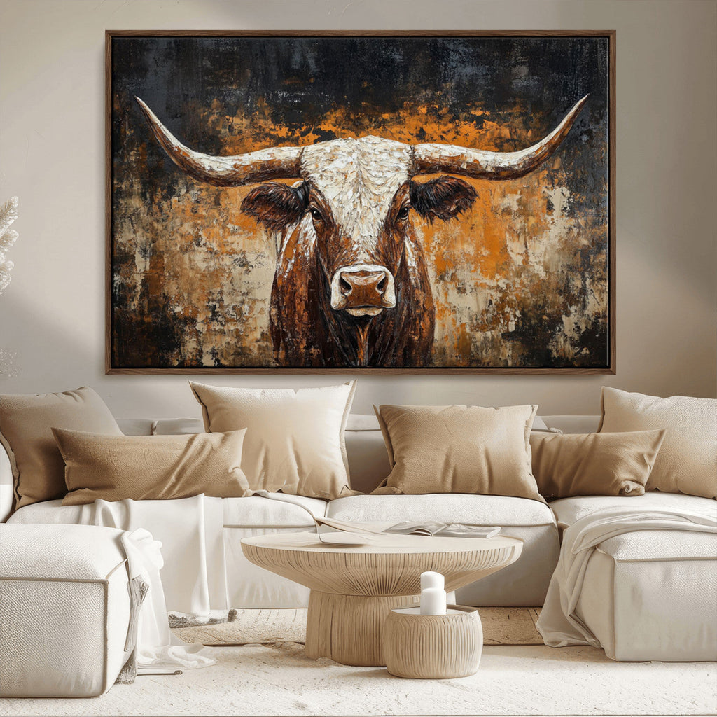 Abstract Longhorn Bull Wall Art Canvas Print, Vintage Western Texas Steer Artwork