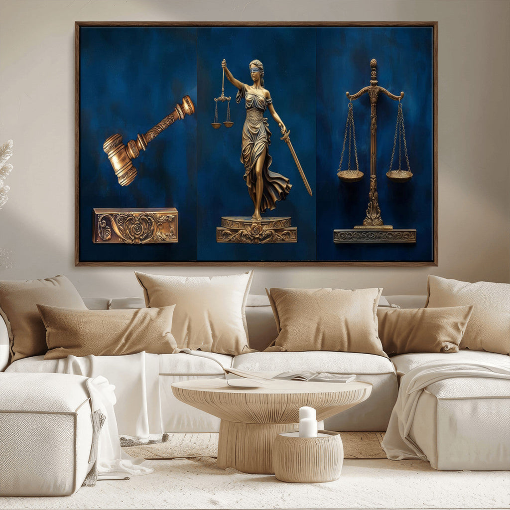 Lady Justice Wall Art Canvas Print, Elegant Gold Legal Symbols on Blue, Law Office Decor