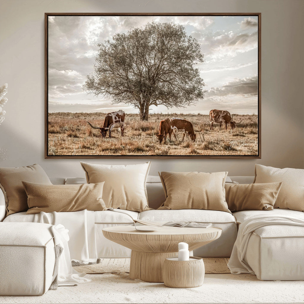 Texas Longhorn Cattle Wall Art, Rustic Western Ranch Canvas