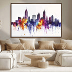 Atlanta Skyline Wall Art Canvas Print, Framed Colorful Watercolor Cityscape