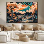 Japanese Landscape Wall Art Canvas Print, Mount Fuji with Flowing River and Autumn Trees