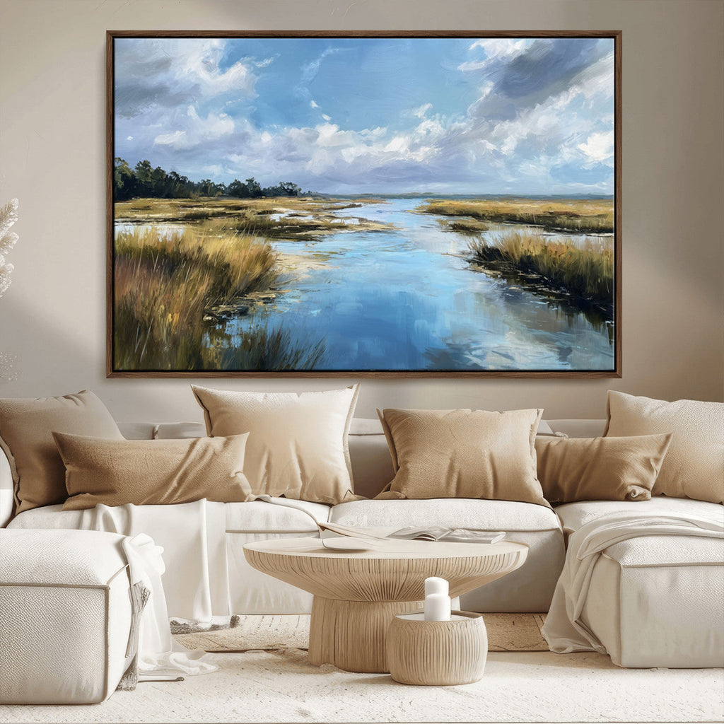 Marshland Wall Art Canvas Print, Serene Water Reflection with Blue Sky and Golden Grass