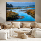 Tranquil Marshland Wall Art Canvas Print, Blue Water Reflecting Sky and Golden Grasses