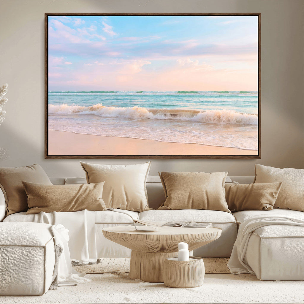 Serene Ocean Waves Wall Art Canvas Print, Pastel Sky Over a Soft Sand Beach