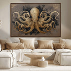 Octopus Wall Art Canvas Print, Black and Gold Detailed Tentacles Nautical Illustration