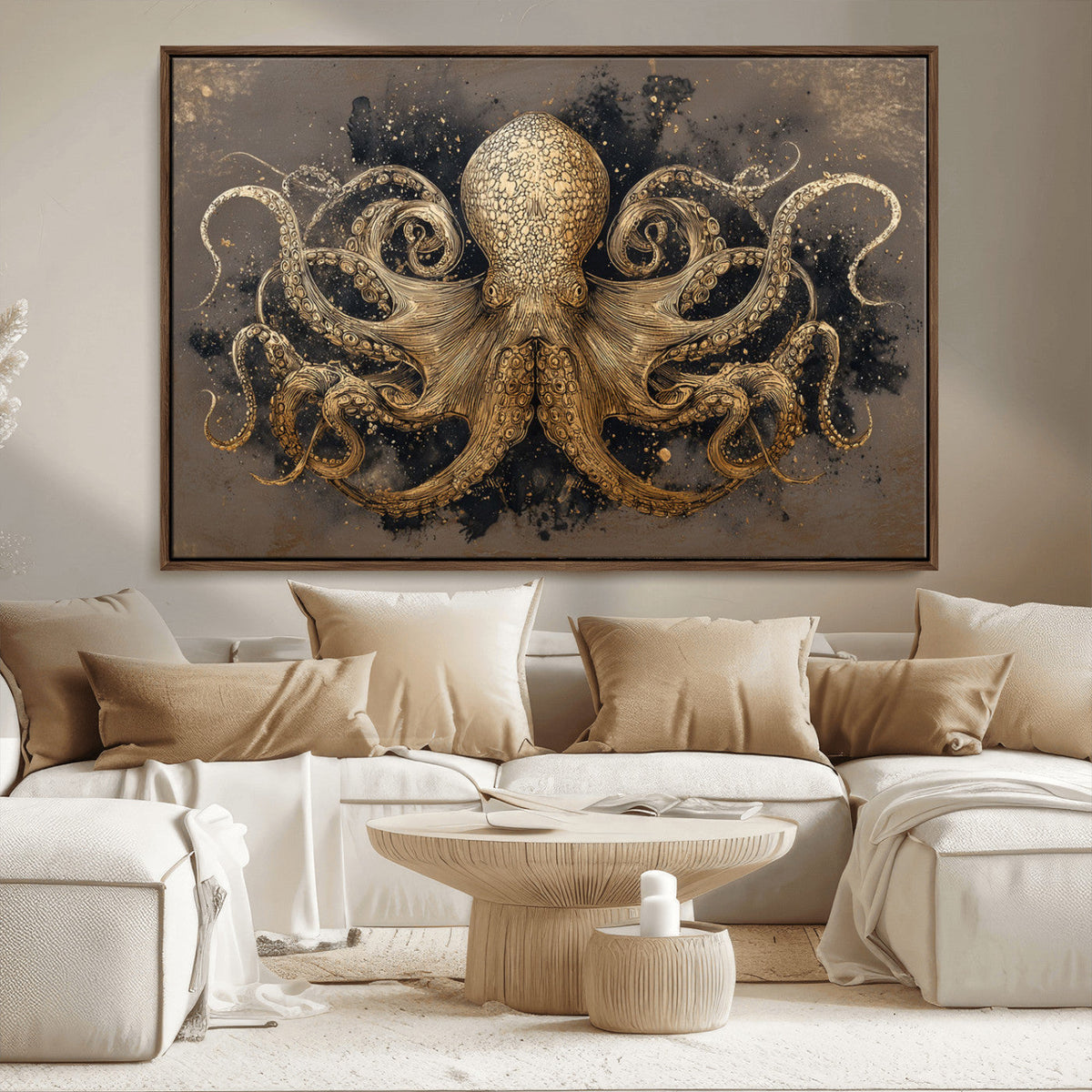 Octopus Wall Art Canvas Print, Black and Gold Detailed Tentacles Nautical Illustration