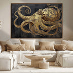 Octopus Wall Art Canvas Print, Gold Detail Octopus on Wooden Plank Background