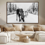 Moose Wall Art Canvas Print, Winter Moose with Antlers in a Snowy Forest