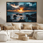 Ocean Sunset Wall Art Canvas Print, Rocky Shore Waves and Golden Sun Rays