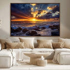 Sunset Ocean Wall Art Canvas Print, Waves on a Rocky Shore Under Dramatic Sky