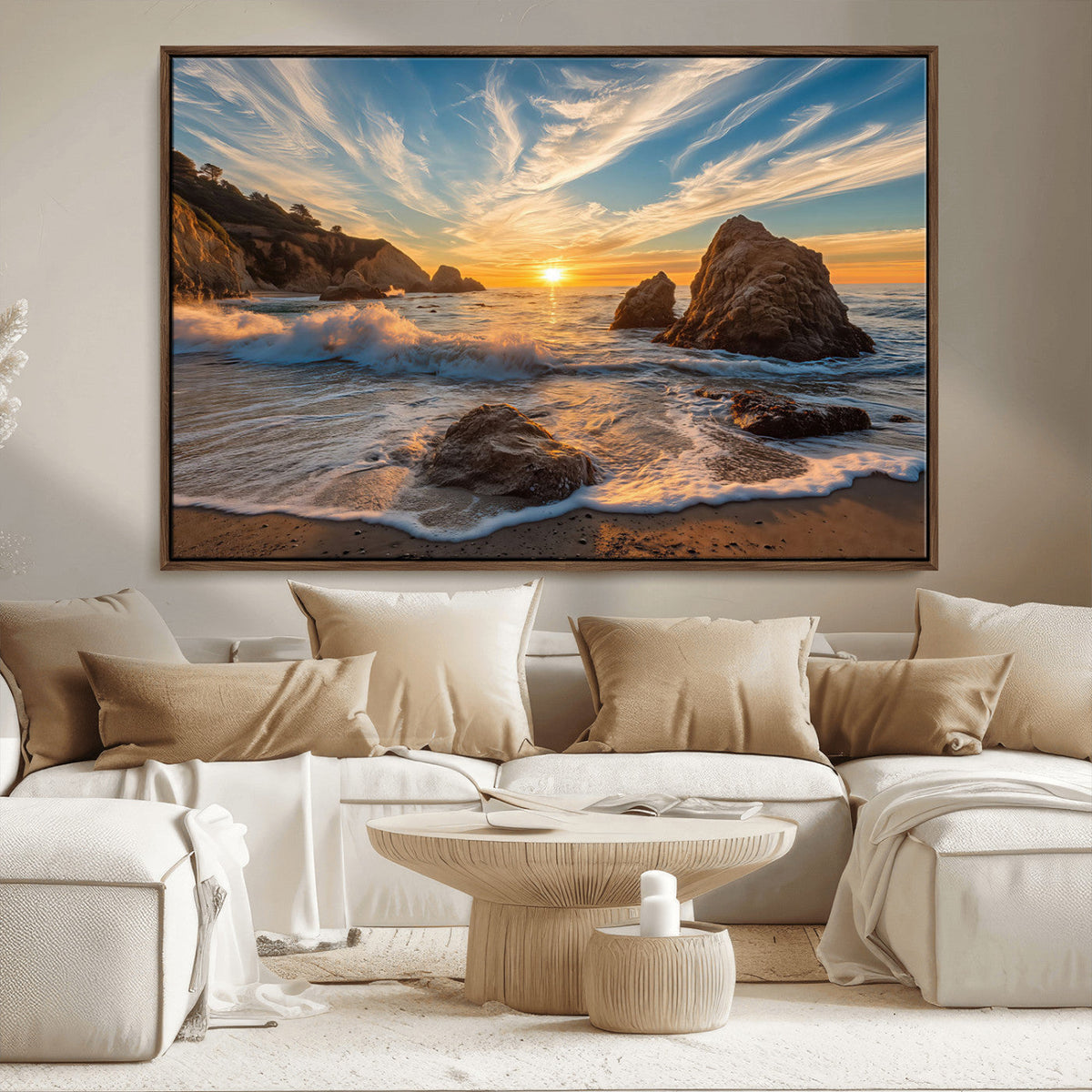 Rocky Ocean Sunset Wall Art Print, Seaside Canvas with Dramatic Seascape