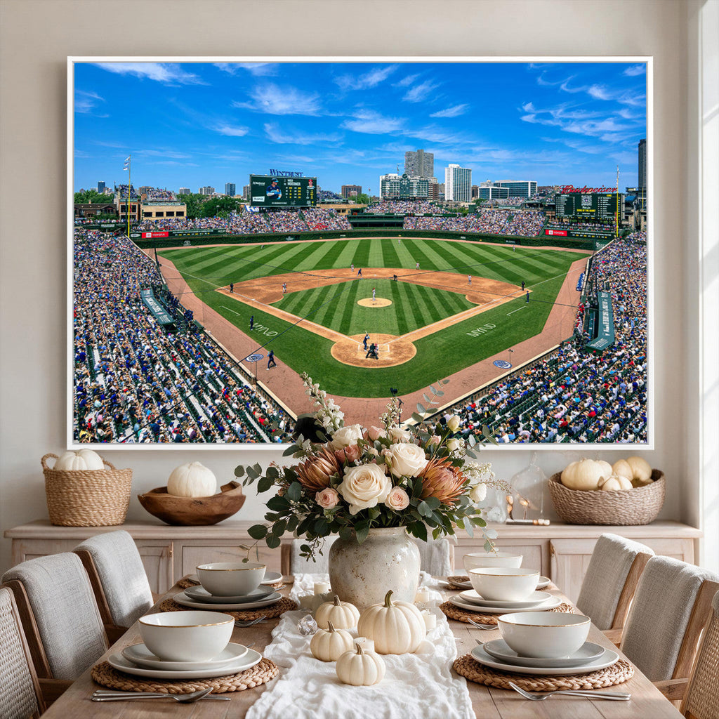Wrigley Field Baseball Stadium Canvas Wall Art, Packed Crowd and Chicago Skyline