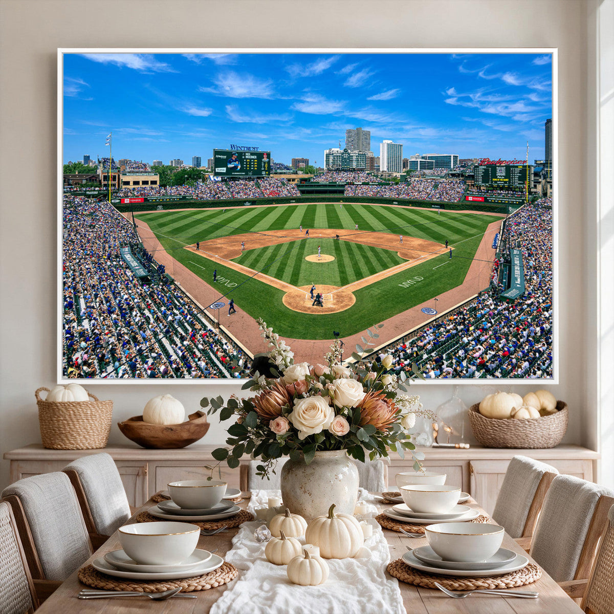 Wrigley Field Baseball Stadium Canvas Wall Art, Packed Crowd and Chicago Skyline