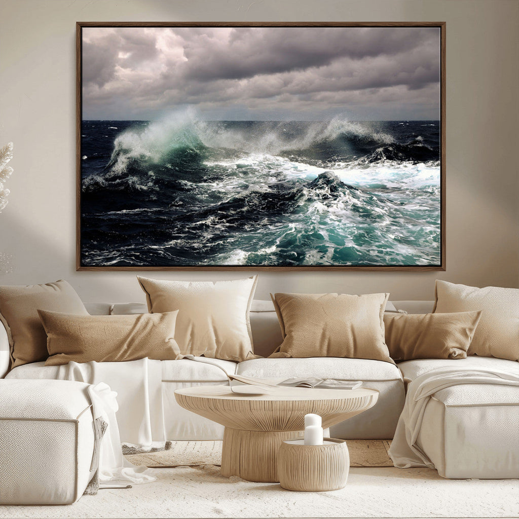 Stormy Ocean Waves Canvas Wall Art, Framed Turbulent Sea Nature Print