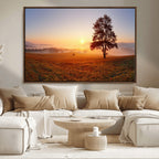 Golden Sunrise Landscape Canvas Wall Art, Framed Misty Field Nature Print
