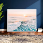 Sunset Surfing Wall Art Canvas Print, Ocean Wave Surfer with Golden Sky
