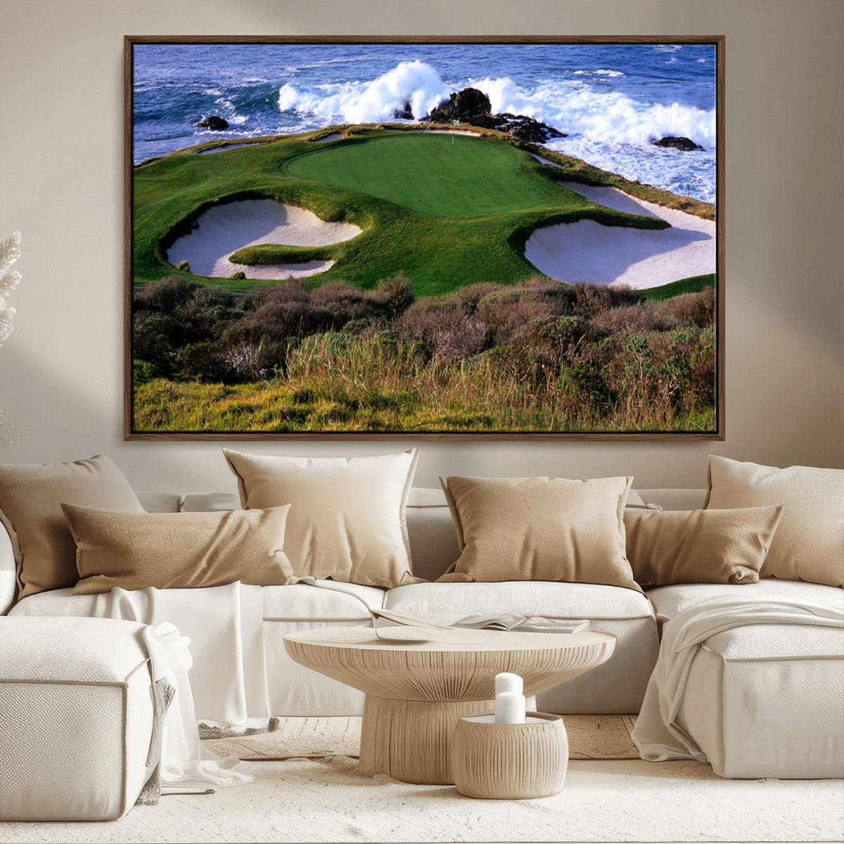Ocean Cliff Golf Course Wall Art Canvas Print, Waves Crashing, Coastal Golf Landscape