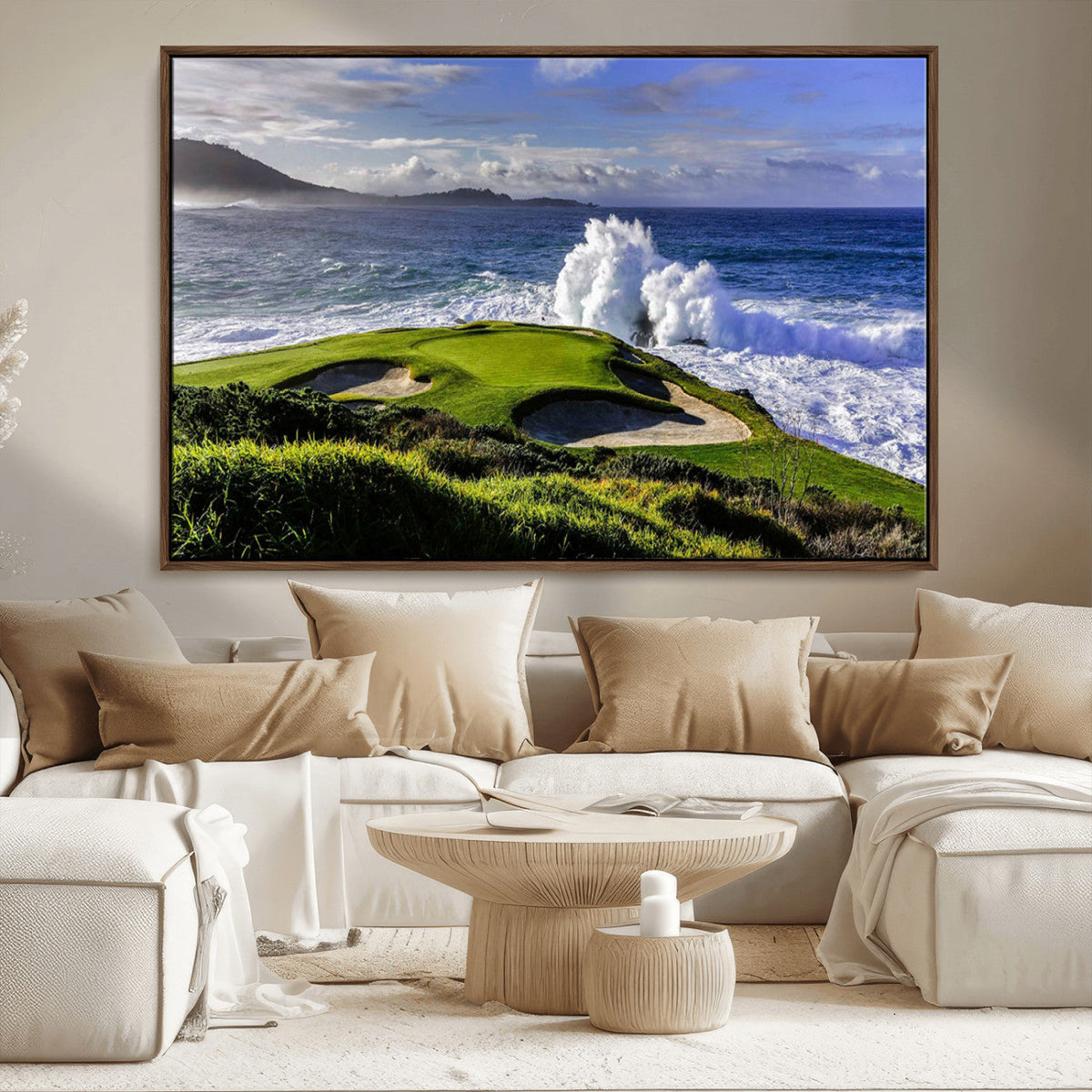 Ocean Waves Crashing Wall Art Canvas Print, Dramatic Rocky Coastline Near a Golf Course