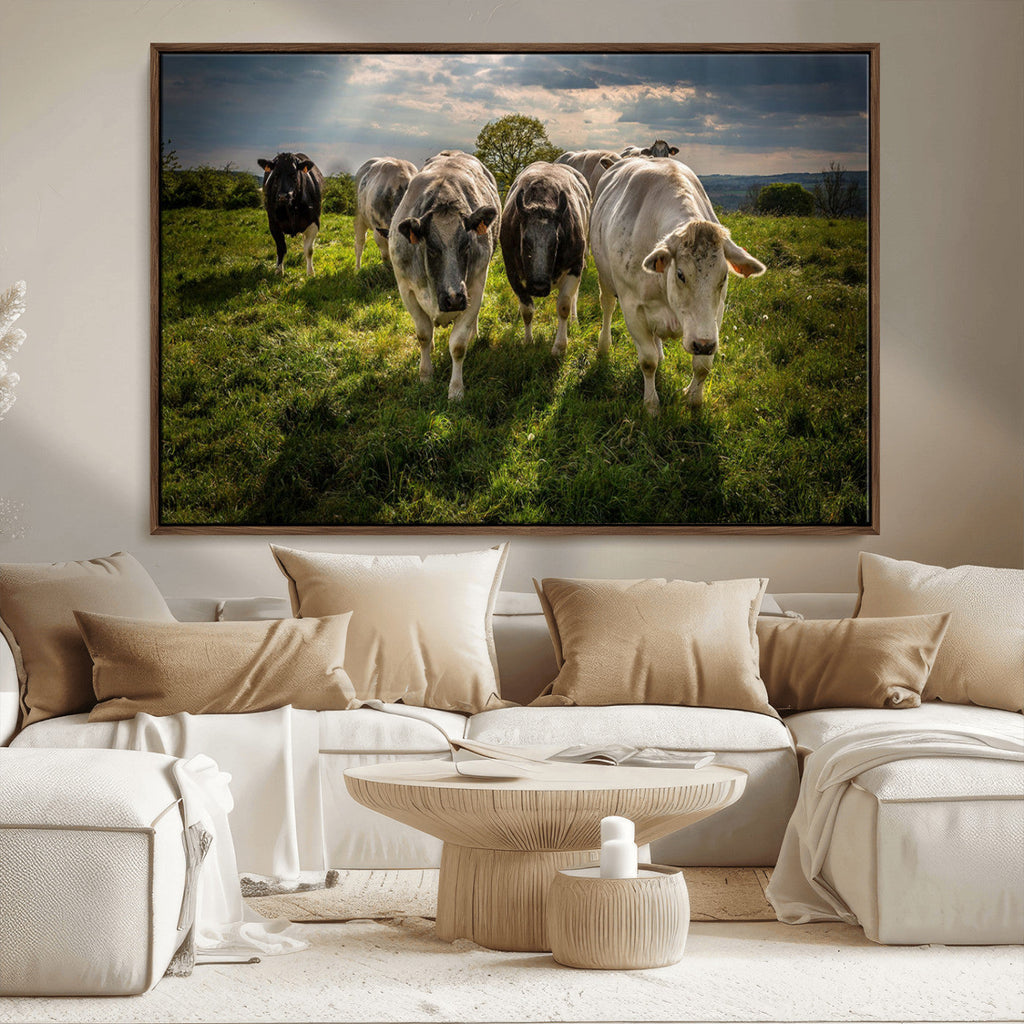 Grazing Cattle Herd Wall Art Canvas Print, Framed Green Pasture Farm Scene