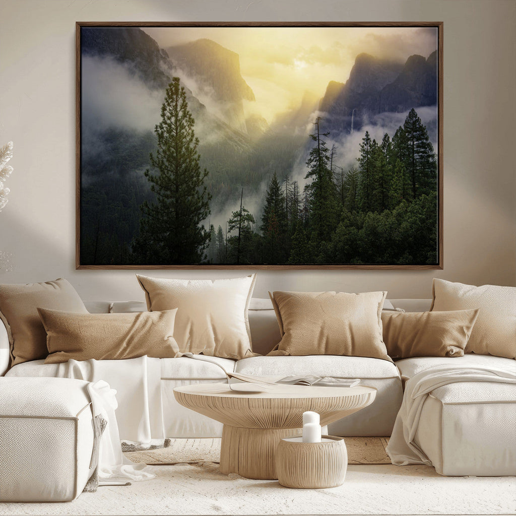 Misty Forest Sunrise Wall Art Canvas Print, Framed Mountain Valley Pine Trees